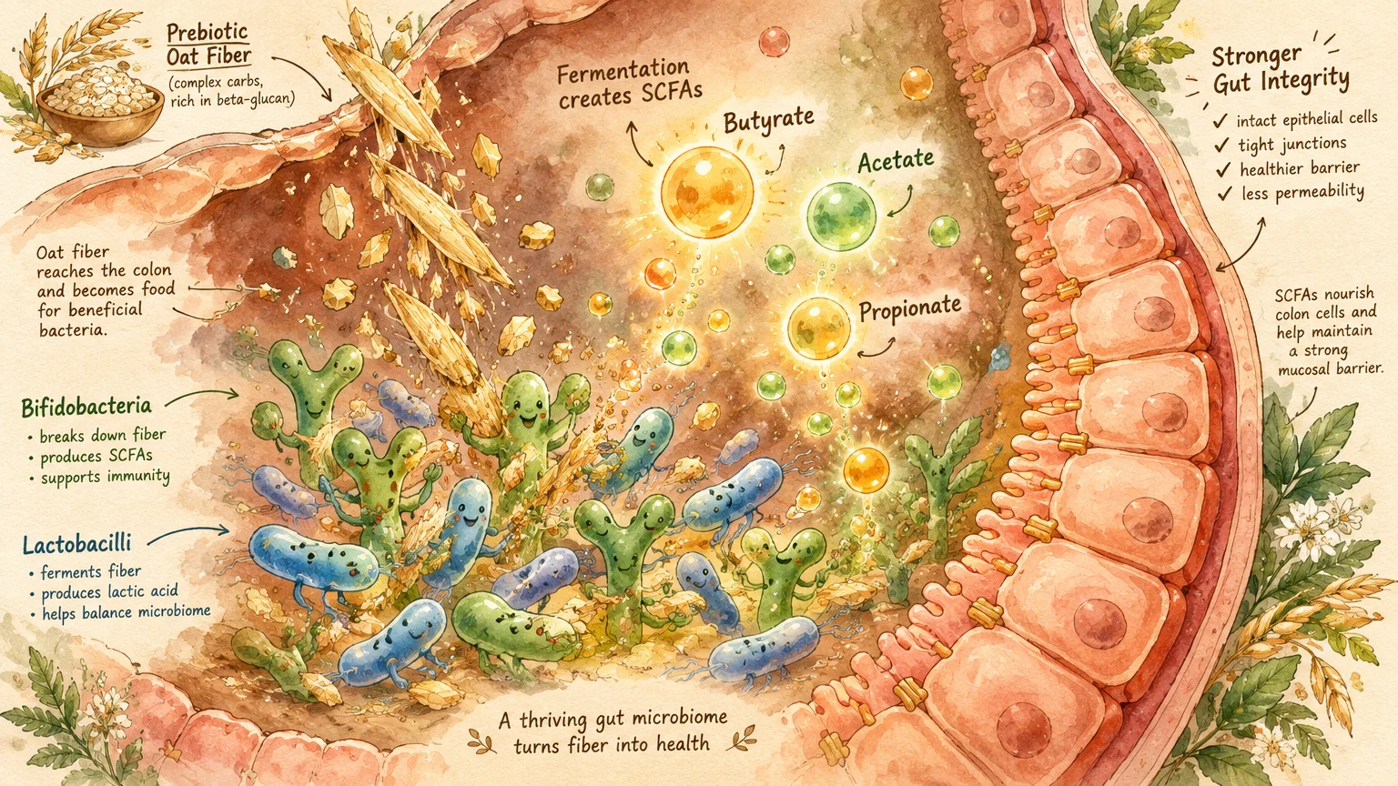 Diagram of gut microbes fermenting oat fiber into butyrate, acetate, and propionate along an intestinal wall.