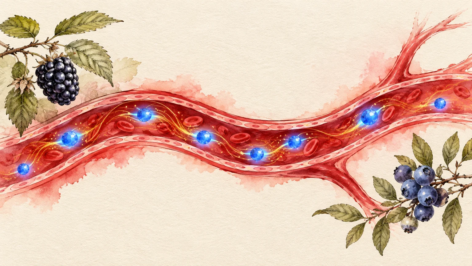 Botanical illustration of berries framing a cross-section of a blood vessel with red blood cells and glowing blue orbs.