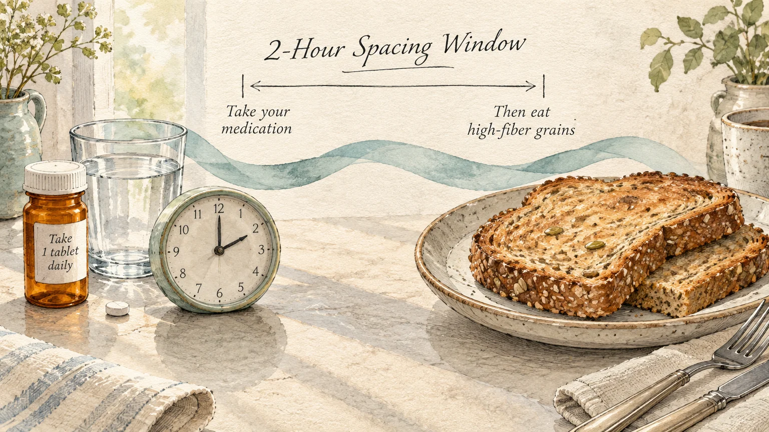 Watercolor illustration showing a medicine bottle, clock, and plate of whole grain toast linked by a timeline graphic.