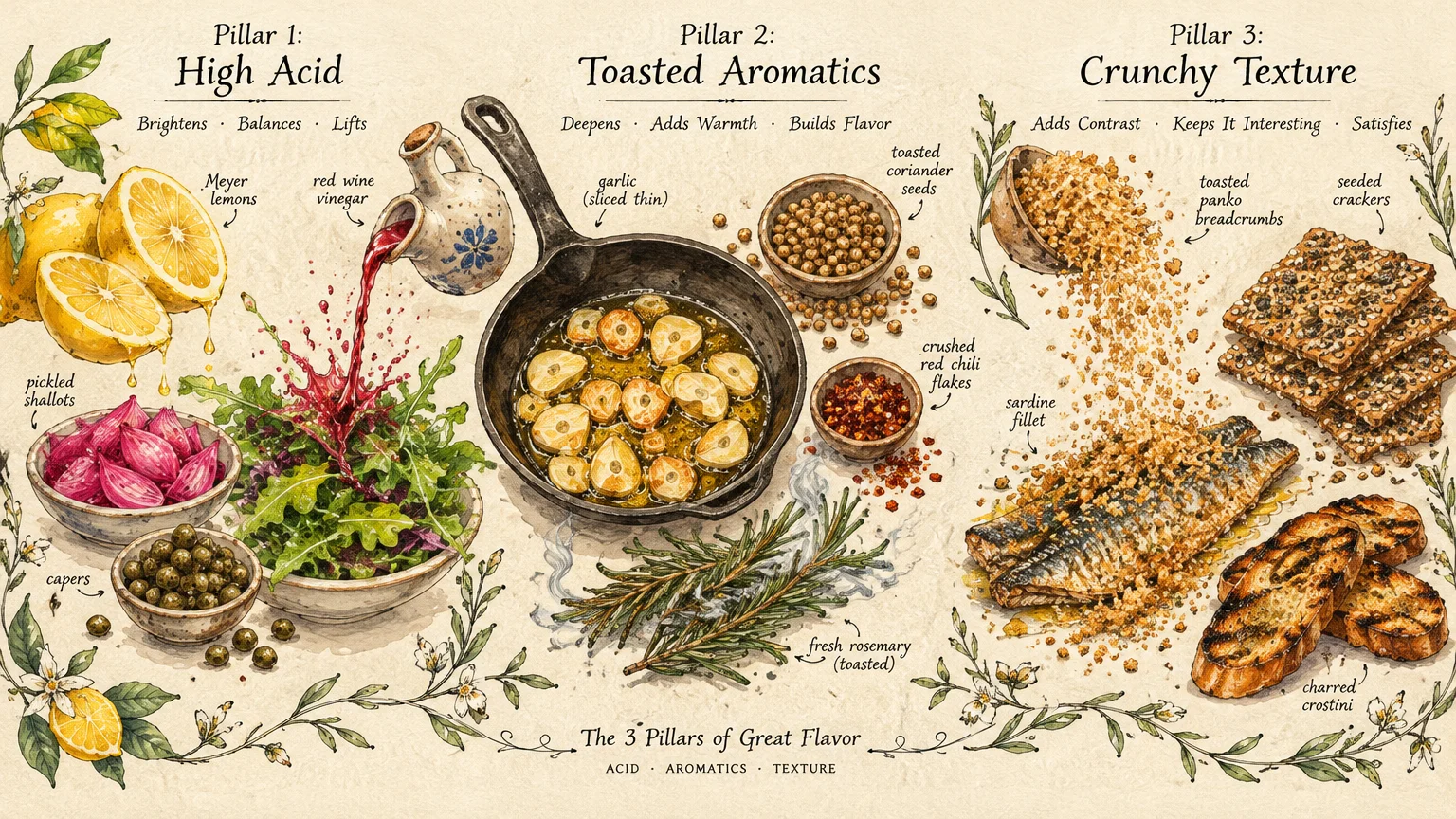 Illustrated culinary guide showing three flavor pillars: high acid, toasted aromatics, and crunchy texture with ingredients.