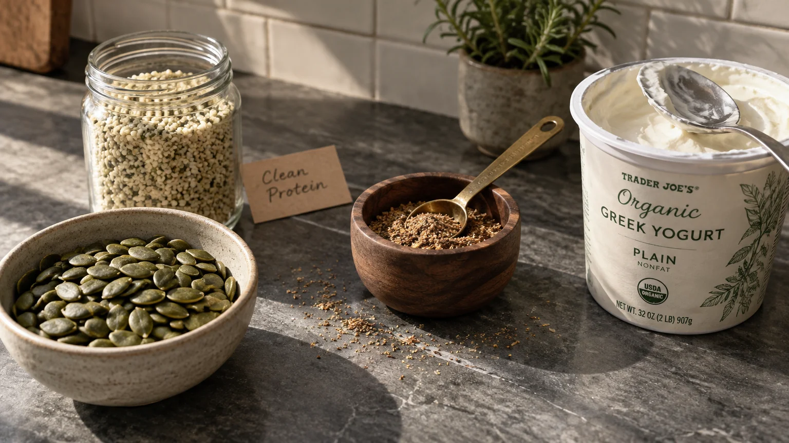 Bowls of pumpkin seeds, ground flaxseed, hemp hearts in a jar, and a tub of Greek yogurt on a stone counter.