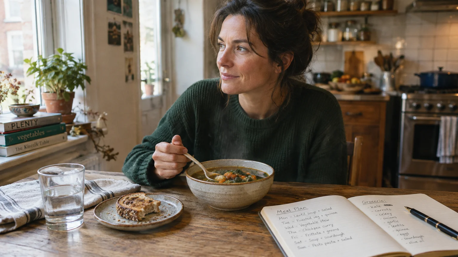 A woman eating vegetable soup and toast at a wooden kitchen table next to a handwritten meal plan notebook.
