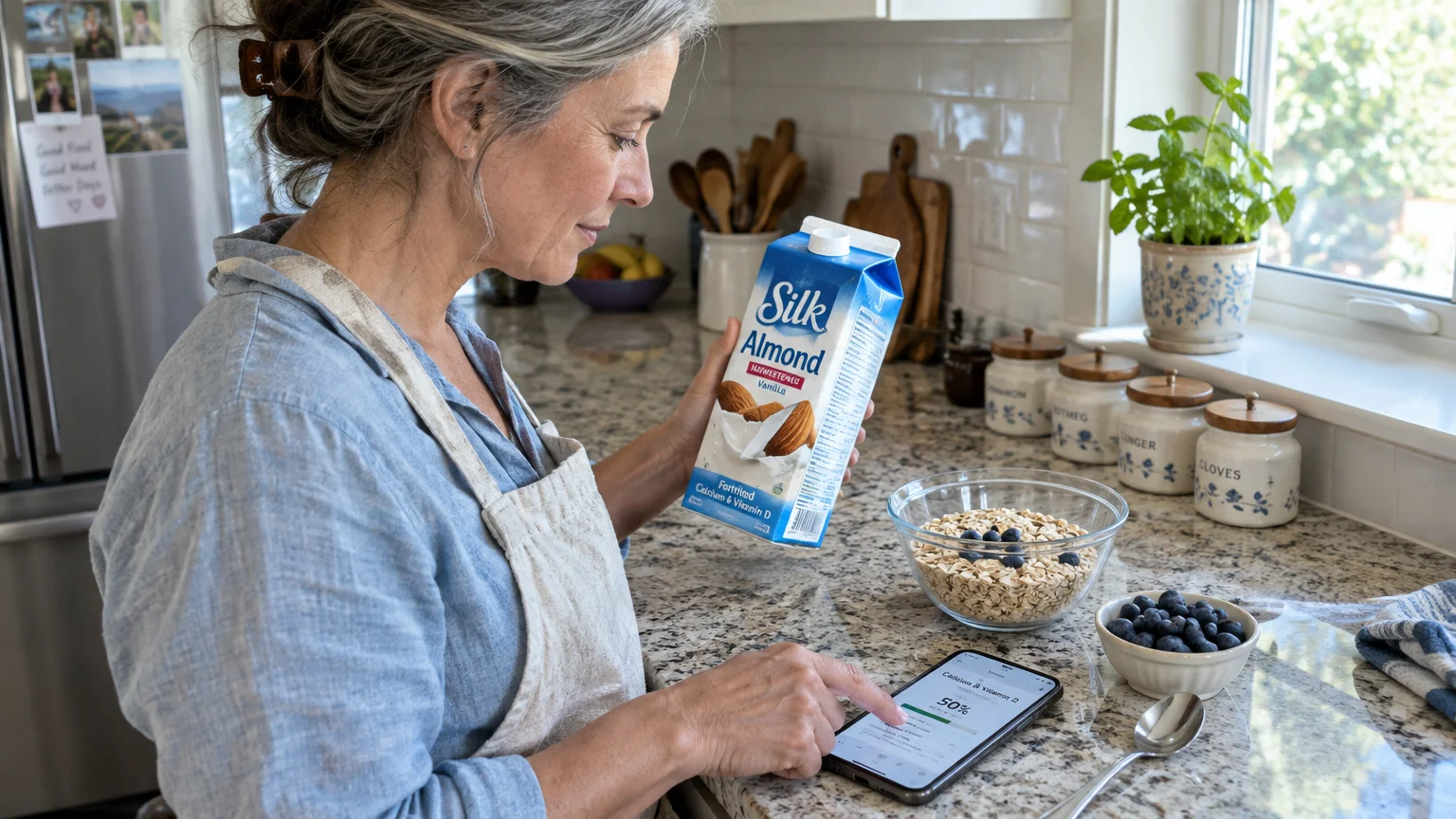 A woman holding an almond milk carton uses her smartphone in a kitchen near oatmeal and blueberries.
