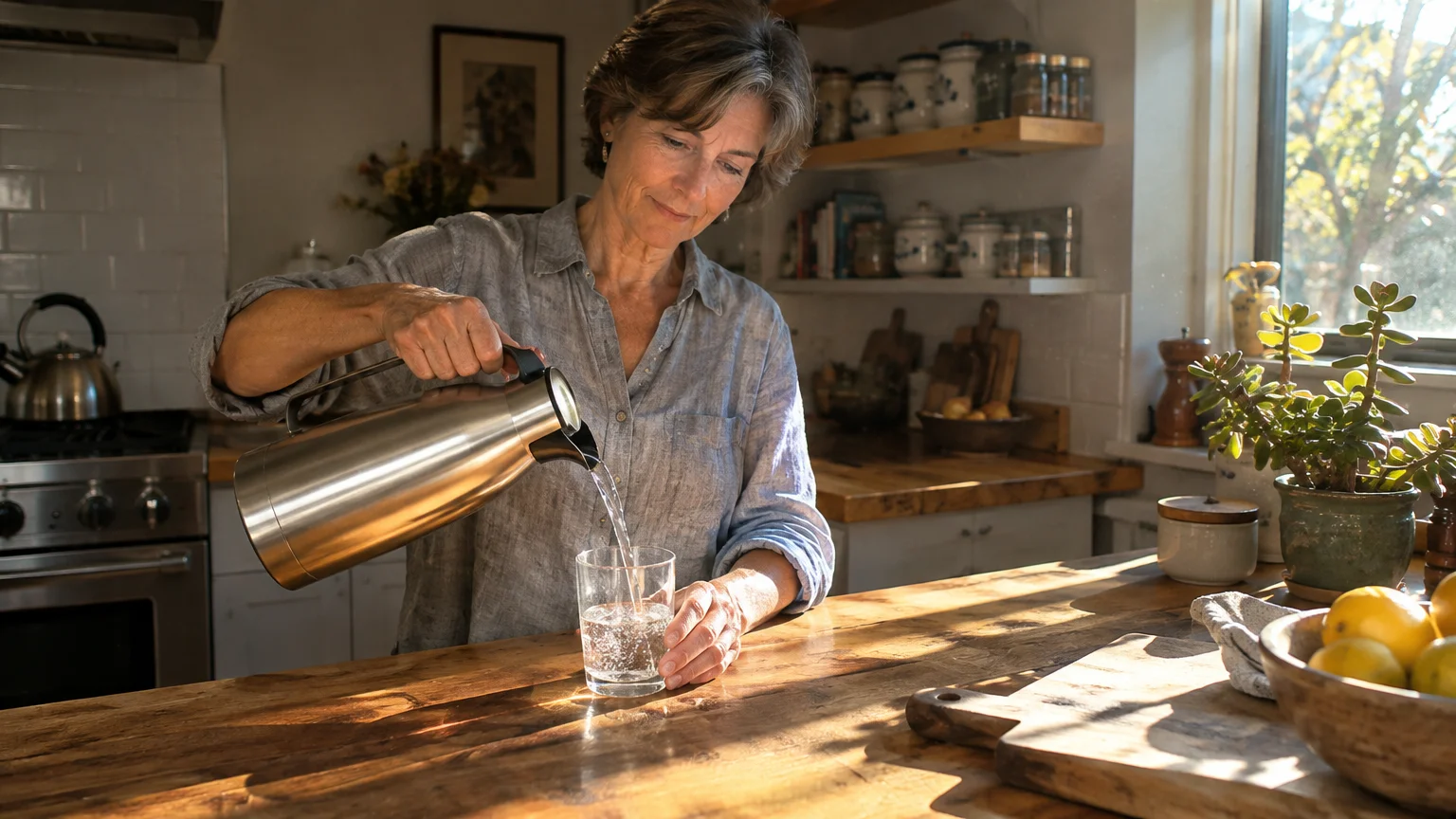 Mature woman pours water from a stainless steel carafe into a glass on a rustic wooden kitchen counter.