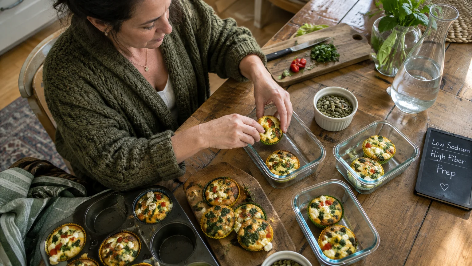 A woman places freshly baked vegetable egg muffins into glass meal prep containers on a wooden table.