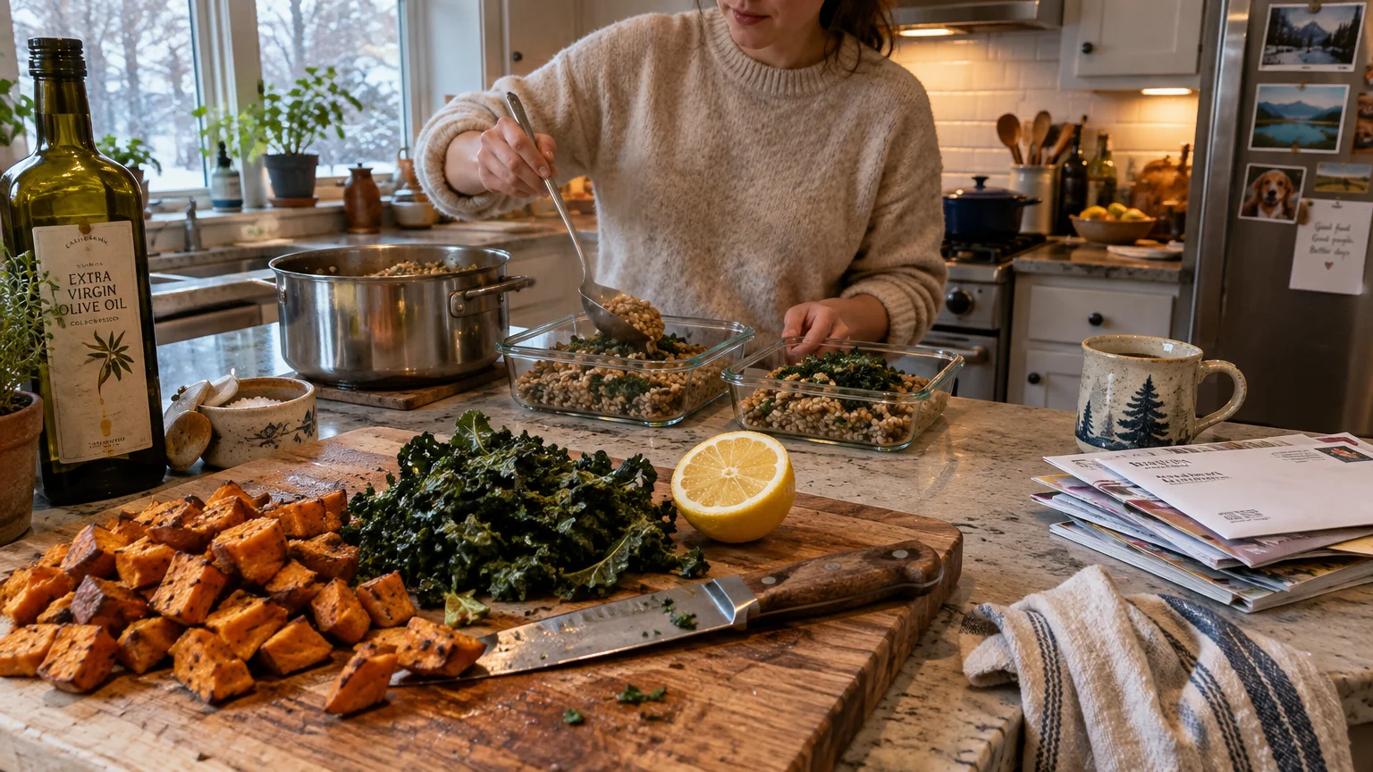 A person in a kitchen ladles grains into meal prep containers alongside chopped kale and roasted sweet potatoes.