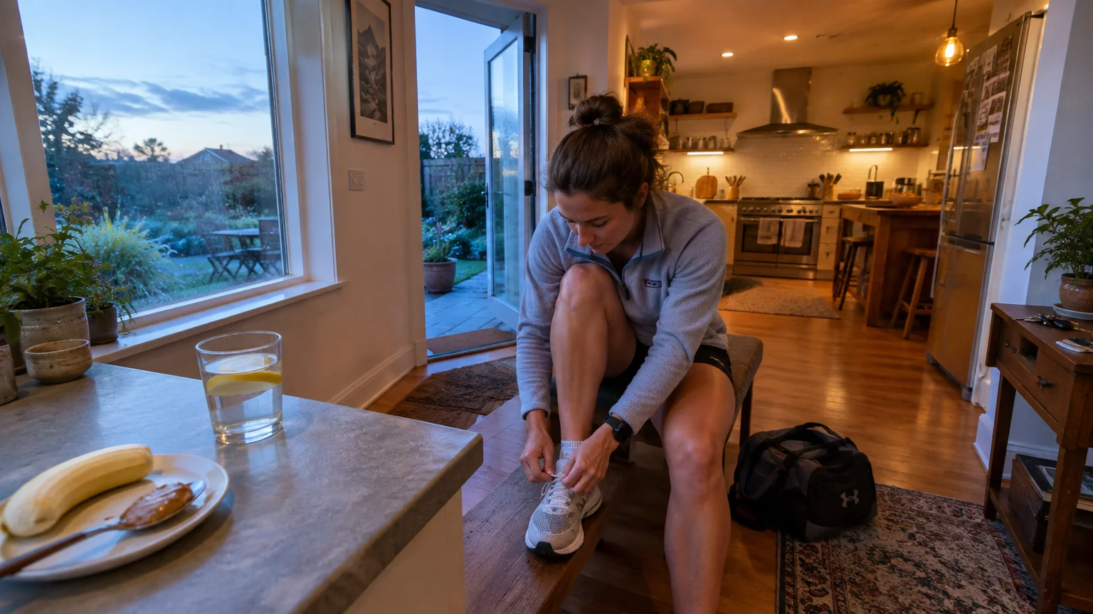 A woman ties her running shoe on a bench in a kitchen near a plate with a banana and peanut butter.